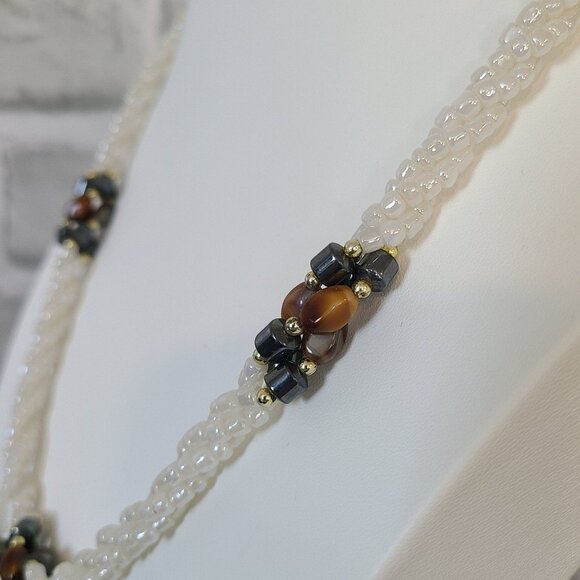Beaded Necklace Hematite Stone white Irridescent Glass Beads Multi Strand Twist - Picture 2 of 7